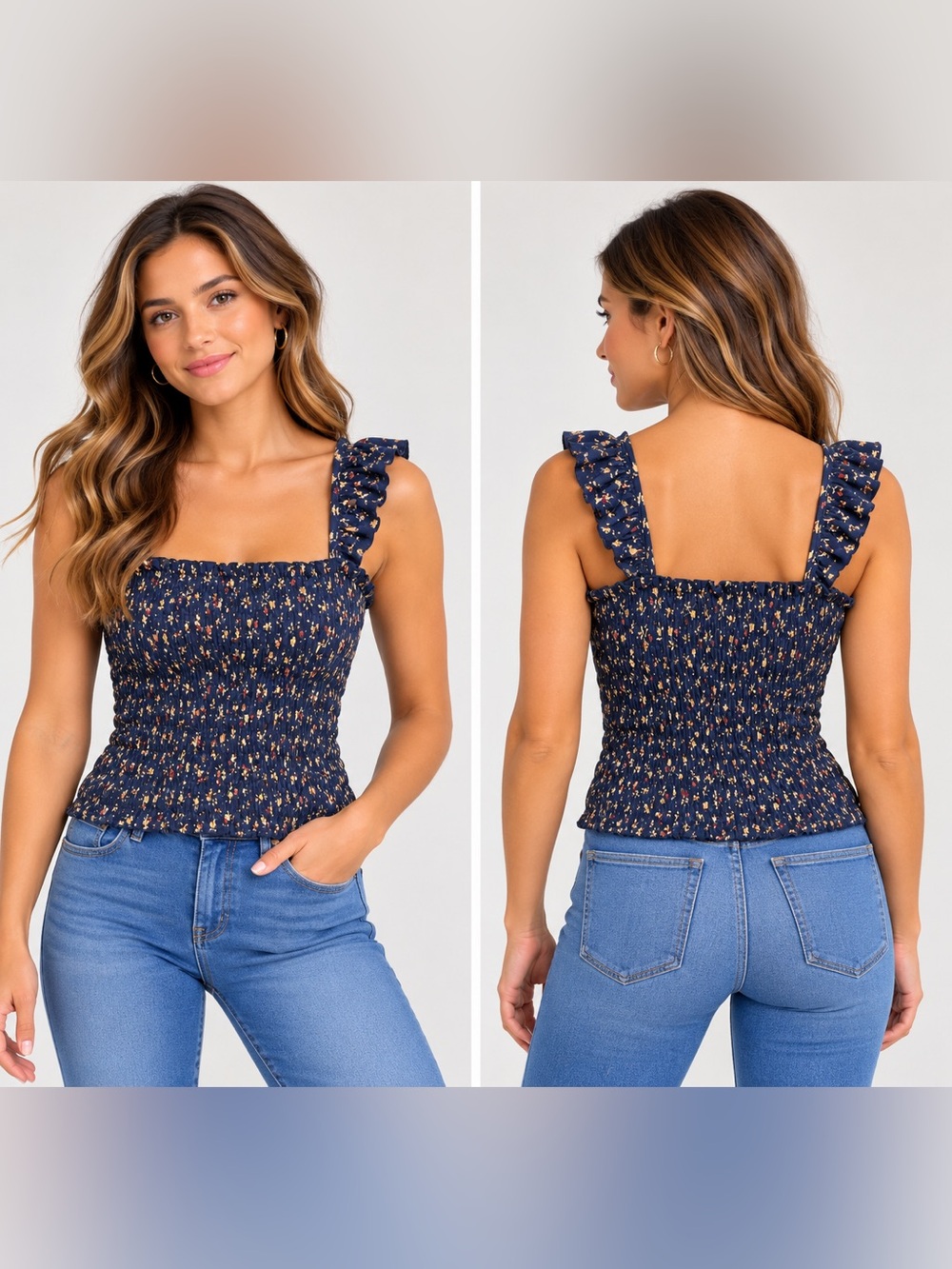 Lucky Brand Navy Floral Smocked Ruffle Strap Tank